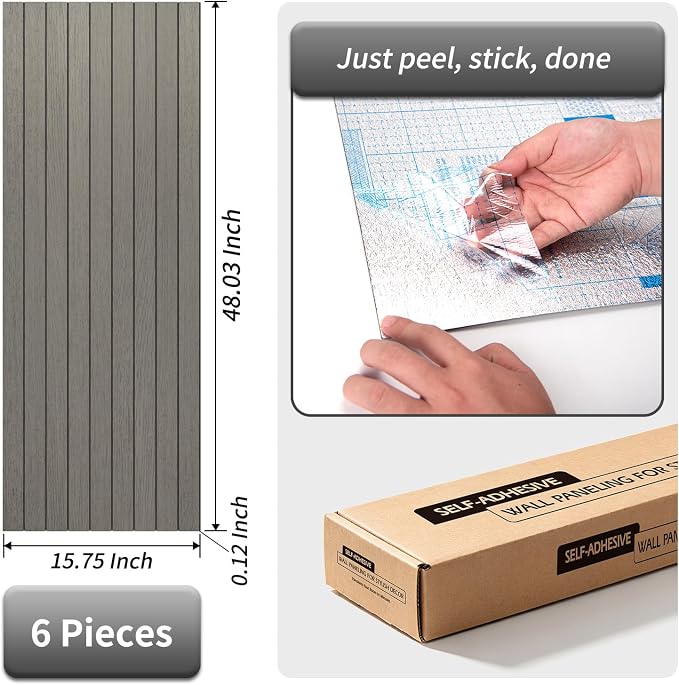 AMZDEPOT Peel and Stick Wood Panels for Wall, 6 Pack, Gray Washed Oak | Self-Adhesive Slat Wall Panels, PVC Thick, 3D Wood Grain Wallpaper, for Walls and Ceilings, 48"x15.75", Packed in Long Boxes - Image 4