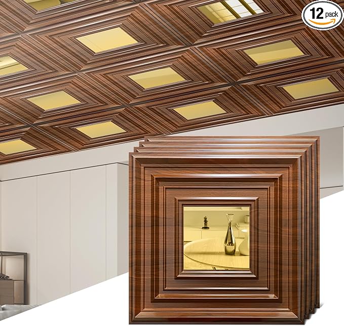 12 Pack PVC Ceiling Tiles 19.7"x19.7" – Gold Mirror & Wood Grain 3D Wall Panels for Wall and Ceiling Decoration,Cover 32.3 Sq.Ft – Waterproof,Lightweigh(Dark Brown, Gold) by Chejiaye