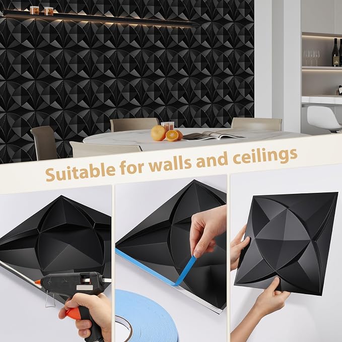 Heikki 30 Pack 3D Wall Panel for Interior Wall Décor, PVC Flower Textured Wall Panels for Living Room Bedroom Hotel Office, 11.8"x11.8", Double-Sided Tape (Black-LJH) - Image 3