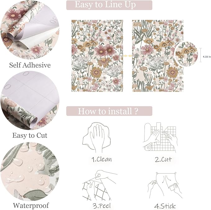 Orainege Peel and Stick Wallpaper Daisy Floral Wallpaper | 16.9in x393.7in Boho Floral Contact Paper Self Adhesive Removable Wall Paper for Bedroom Living Room Decor Vinyl Roll - Image 5