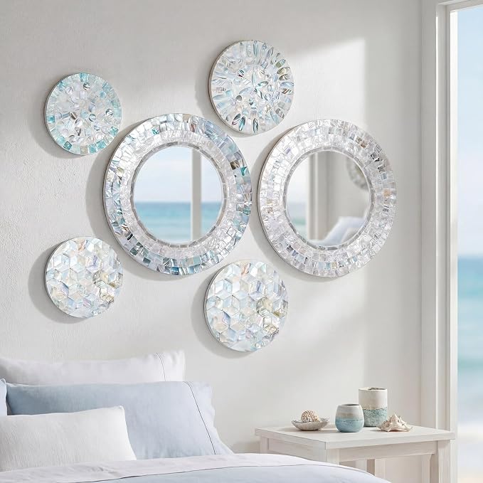 Novabright 6 Pcs Mirror Wall Decor 11.8 Inches Natural Mother of Pearl Shell Plate Coastal Wall Art Mosaic Sculpture Handmade Hanging Plates Arts for Bedroom Bathroom Home Office Hotel by Unknown