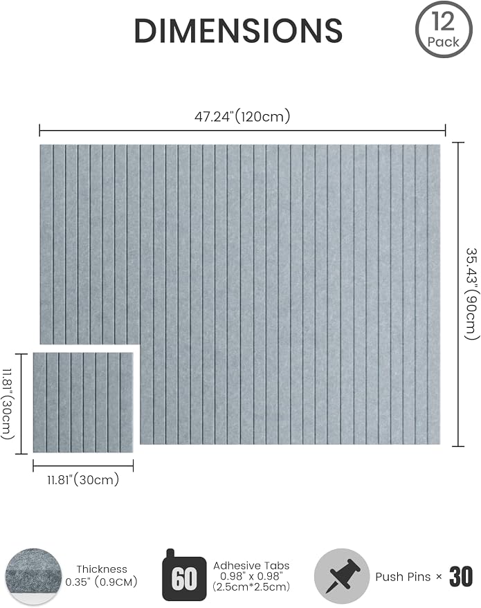 Bumusty 48"x 36" Large Felt Bulletin Board Tiles, Blue Gray | 12-Pack Cork Board Alternative, Wall Decor, 30 Pushpins, 60 Adhesive Tabs, Vision Board, Office, Classroom, Home, Dorm - Image 2