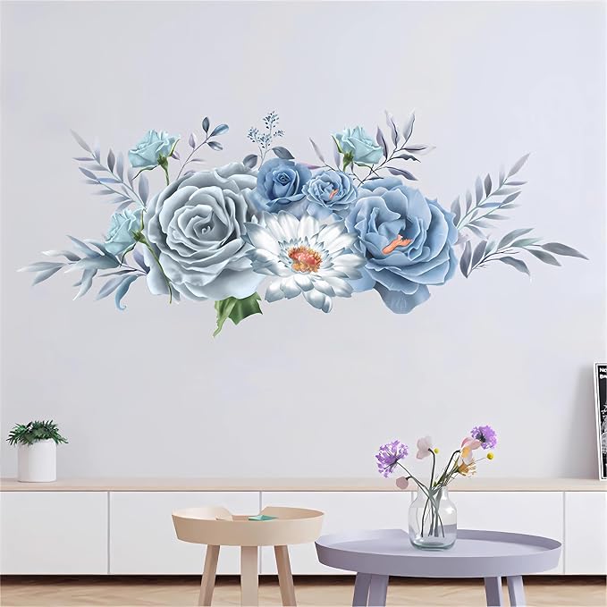 Blue-Gray Peony Flower Wall Stickers Floral Art Plants Wall Decals | Removable Vinyl Peel and Stick for Living Room Bedroom Children's Room Kitchen Sofa TV Background Home Decor by sacinora