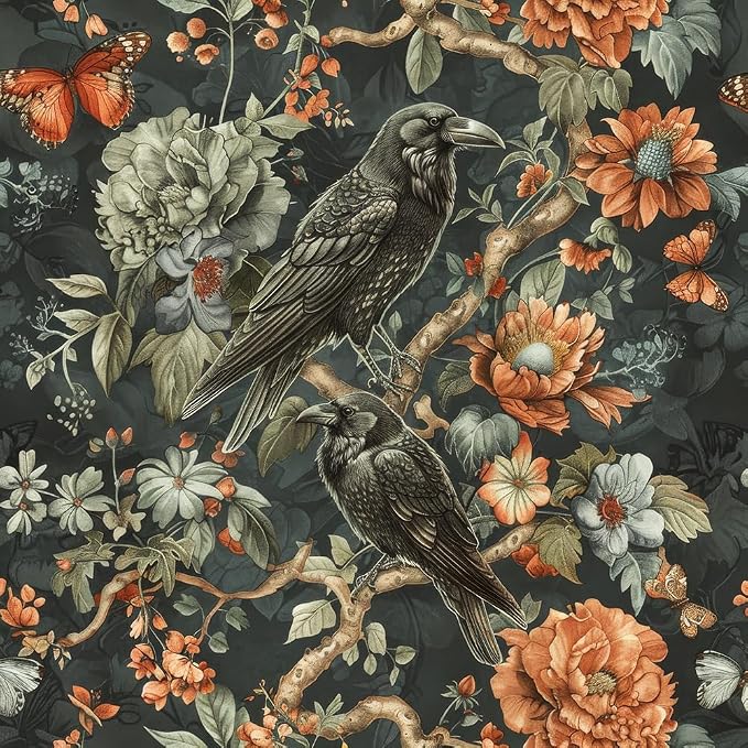 18"x236" Gothic Dark Vintage Flower Birds Peel and Stick Self Adhesive Wallpaper Removable Contact Paper Stick on Easy Peel Off Wall Paper for Kitchen Bedroom Bathroom Renter by VistaPalette