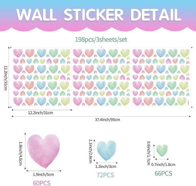 Watercolor Heart Wall Stickers,Colorful Heart Wall Decals,Easy to Peel and Stick Multicolor Heart Wall Decoration for Kids Bedroom Wallpapper Nursery Living Room Classroom Wall Décor - Image 5