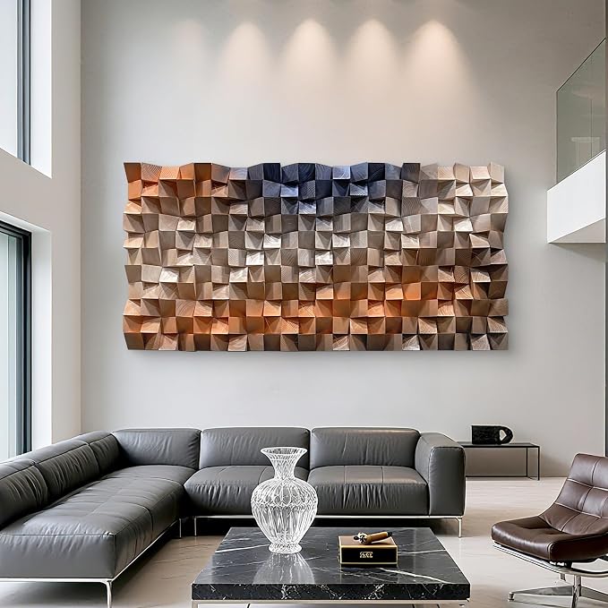 LIUZEYUE Textured Wall Art, 3D Wood Mosaic with Blue White Orange Lines, Abstract Modern Wall Decor for Entryway or Narrow Hallway, Horizontal or Vertical Hanging, 15.7"x31.5" - Image 9