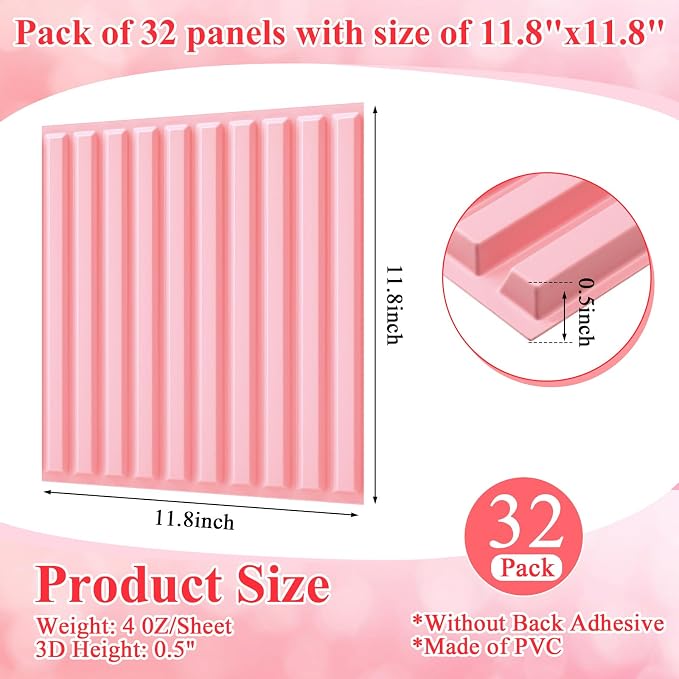 Nuanchu 32 Pcs 3D Wall Panels, 12"x12" PVC Fluted Tiles, Pink | Waterproof Accent Panels, Paintable Wall Tiles, for TV Background, Bedroom, Bathroom, Gaming Room, Cuttable Home DIY Decor - Image 2