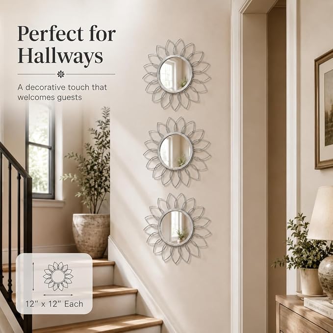 Silver Flower Mirror Set of 3, 3PCS Metal Round Decorative Wall Mirrors, Floral Petal Accent Mirror Wall Decor for Bathroom, Living Room, Bedroom & Entryway - Image 5