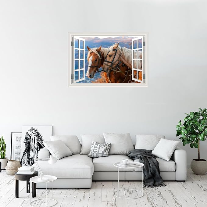 Fake Window Wall Mural -Horse Faux Window Poster Wall Art Decor, Stick and Peel Wallpaper Natural Scenery Decol Horse Ranch Farm Animals Scene （48"x32",Set of 2 Sheets） - Image 5