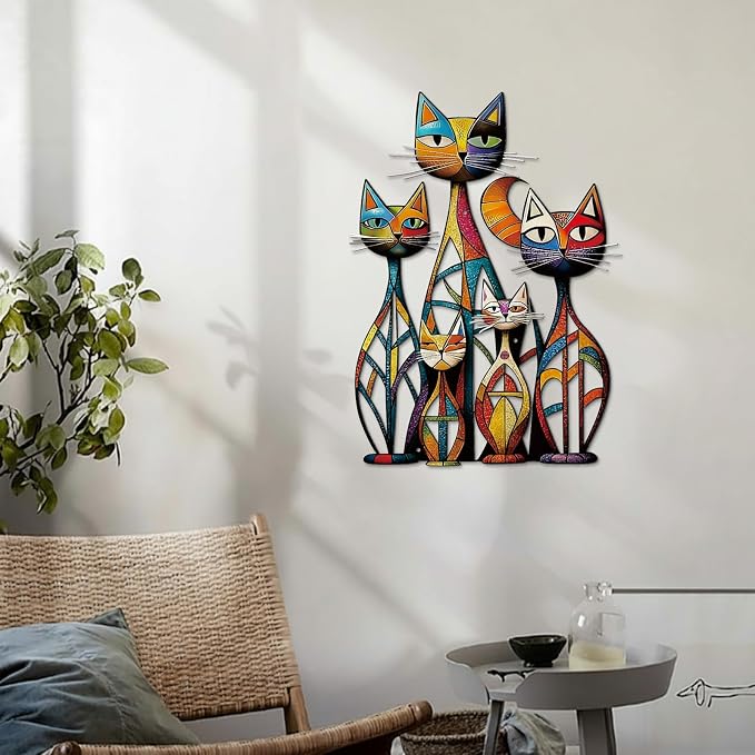 Wesiti Cat Wall Art Metal Decor Colorful Retro Mid Century 10.6x15.7 in | Iron Sculpture for Cat Lovers, Geometric Design for Living Room Bedroom Kitchen Office, Adds Retro Artistic Personality - Image 7