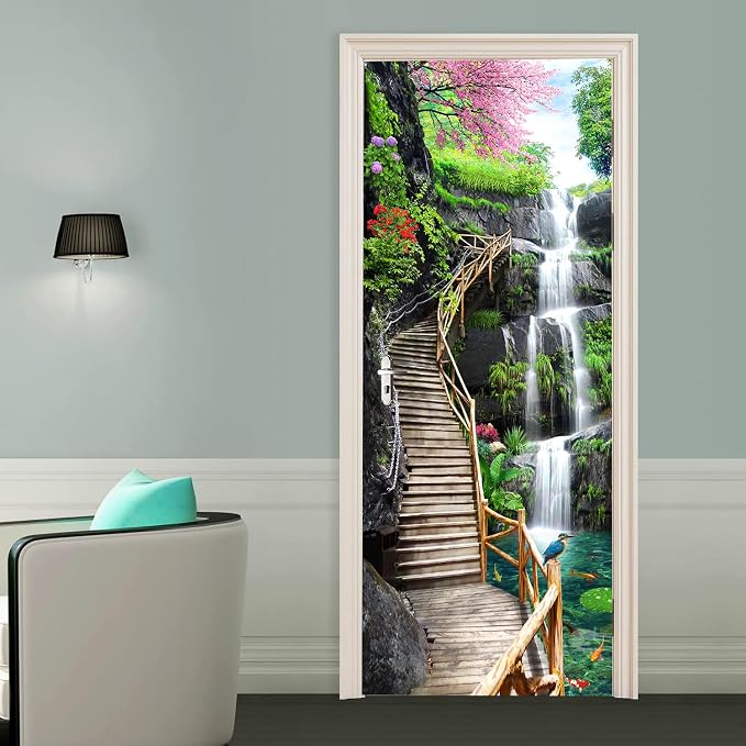 artfanke 3D Trestle Bridge Waterfall Door Sticker Peel and Stick 30.3"x78.7"- Self-Adhesive Door Murals Wallpaper - Waterproof Wall Decal for Bedroom Decor (2 Sheets/Set) - Image 7