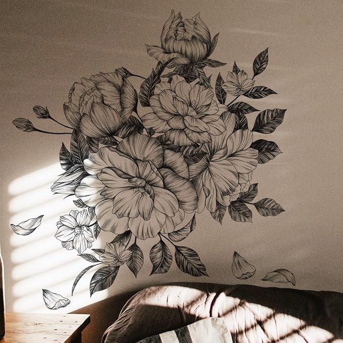 Runtoo Black and White Floral Wall Decals Peony Flower Wall Stickers Living Room Bedroom Office Wall Decor by Runtoo