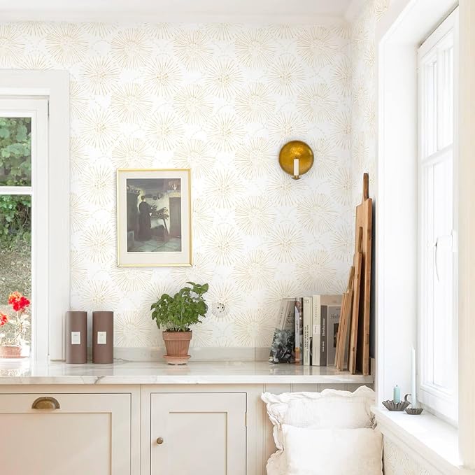 Boho Wallpaper Beige Wall Paper Peel and Stick Modern Beige and White Geometric Fireworks Contact Paper Renter Friendly Self-Adhesive Removable Bathroom Bedroom Laundry Room 17.3" × 78.7" - Image 2