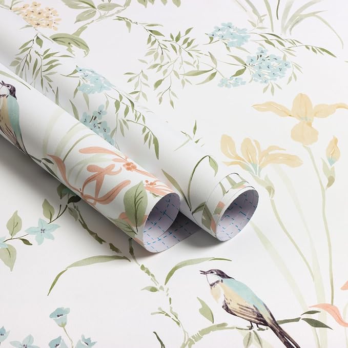Erfoni Boho Floral Peel and Stick Wallpaper Green Floral Birds Wallpaper | 16.9" x118" DIY Self Adhesive Removable Wallpaper for Livingroom Cabinet Decor Modern Flower Leaf Contact Paper Vinyl Roll - Image 9