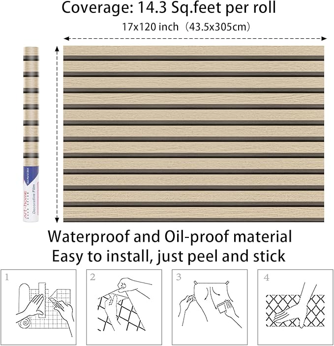 Arthome Wood Slat Wallpaper 17''x120'' Peel and Stick self Adhesive Wood Wallpaper PVC Vinyl Decorative Removable Wallpaper Waterproof Faux Wood Grating Stripe Contact Paper for Living Room (Oak) - Image 7