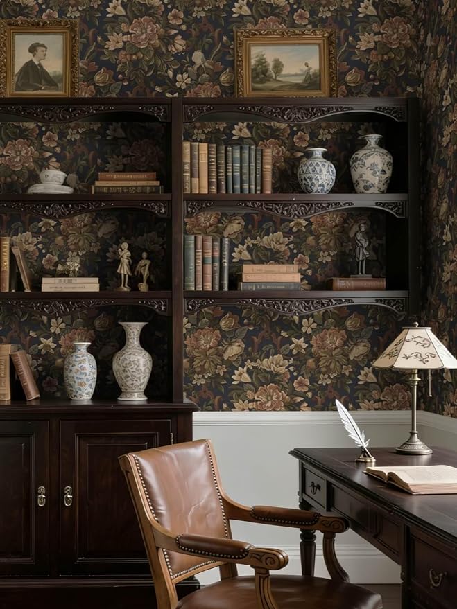 Dimoon Vintage Peel and Stick Wallpaper Dark Blue Floral Contact Paper 16.1"x591" Retro Victorian Dark Academia Wallpaper for Bedroom Moody Cottage Core Wall Paper Removable Waterproof Vinyl Roll - Image 4