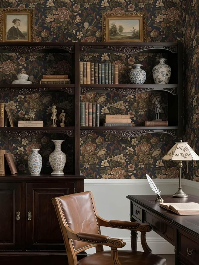 Dimoon Vintage Peel and Stick Wallpaper Dark Blue Floral Contact Paper 16.1"x78.7" Retro Victorian Dark Academia Wallpaper for Bedroom Moody Cottage Core Wall Paper Removable Waterproof Vinyl Roll - Image 4