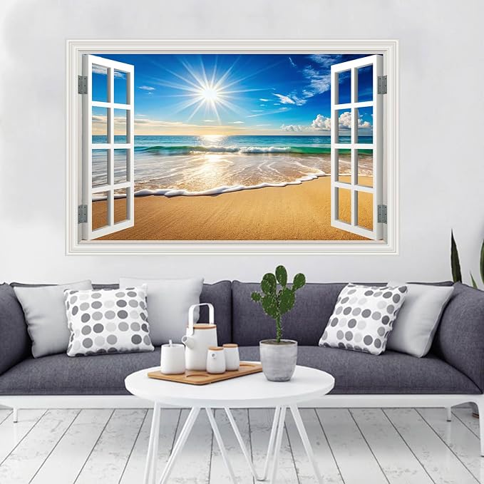 Large Murals 66"x48" Fake Window Wall Mural Sticker Beach Ocean Sea Faux Window Wall Cling Art Picture Office Poster Coastal Decals Decor, Stick and Peel Landscape Natural Scenery Scene - Image 5