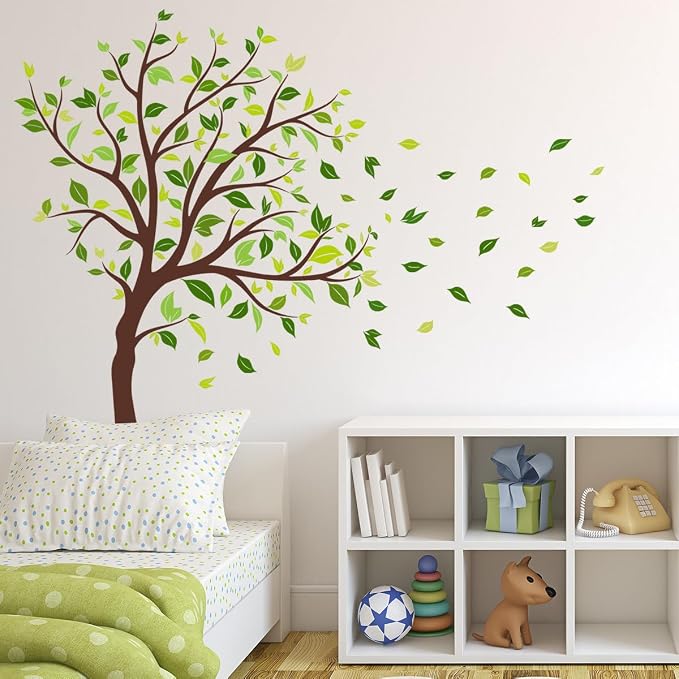 Lemon Tree Wall Decal, Large Decorative Green Tree with Birds Wall Stickers, Removable Peel and Stick Mural Wall Art Decoration for Living Room, Bedroom, Office Wall Decor (Green Trees in the Wind) by Unknown