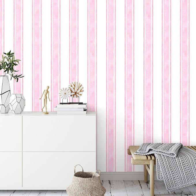 Affrolling Striped Peel and Stick Wallpaper 15.75"x118.11",Pink | Watercolor Self Adhesive Contact Paper, Removable for Bedroom Cabinet Furniture, Cute Decor for Nursery Craft Room DIY - Image 3