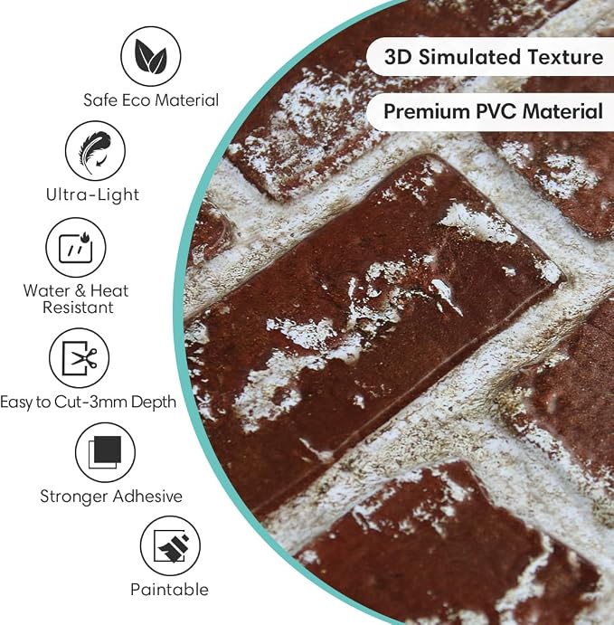 Commomy 3D Wall Panels Peel and Stick Faux Brick 10 Pcs 11.8" x 11.8" | Small Size Thin PVC Brick Wallpaper Tiles Backsplash for Kitchen,Bedroom,Living Room,Quick DIY Wall Decor(Covers 9.7 sq.ft) - Image 3