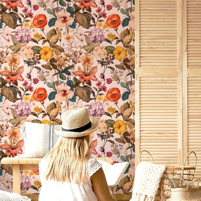 Jeweluck Floral Peel and Stick Wallpaper Vintage Floral Contact Paper Peel and Stick 16.9”x196.8” Poppy Flower Wallpaper Boho Leaf Wall Paper Removable Self Adhesive Decorative for Cabinets Vinyl - Image 6