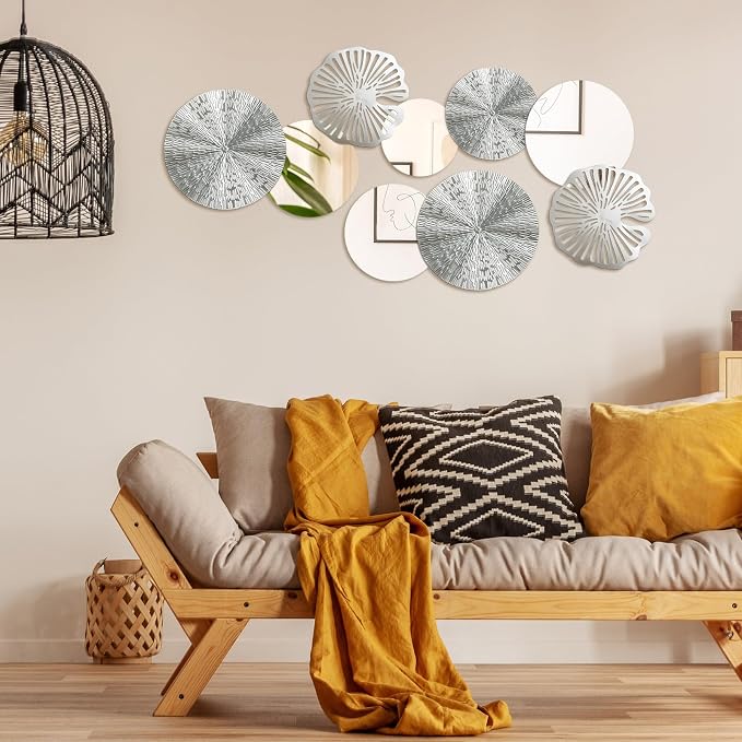 Hicarer 9 Pcs Circle Mirrors Metal Home Decor Wall Decorative Modern Round Accent Wall Art Sculpture Hanging Decorations for Living Room Office Bedroom Kitchen(Silver) - Image 5