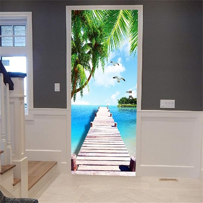 artfanke 3D Door Sticker Peel and Stick 30.3"x78.7"- Self-Adhesive Door Murals Wallpaper- Wooden Bridge Seascape Wall Decals Waterproof for Bedroom Decor (2 Sheets/Set) - Image 4