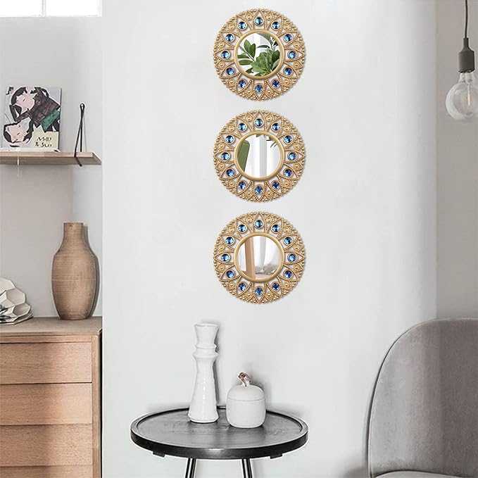 DXYAKY Gold Round Decorative Wall Mirrors Set of 3, Lightweight Plastic Framed Mirrors with Blue Crystal Accents, 9.8 Inch Vintage Boho Wall Decor for Livingroom, Bedroom, Entryway - Image 3