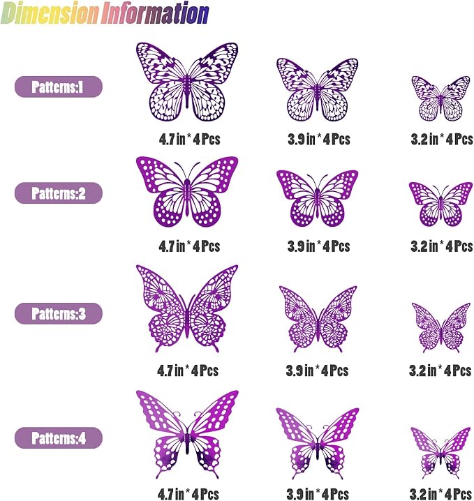 SAOROPEB 3D Butterfly Wall Decor 48 Pcs Purple Butterfly Decorations | 4 Styles 3 Sizes, Birthday Decorations Butterfly Party Decorations Cake Decorations, Removable Stickers - Image 5