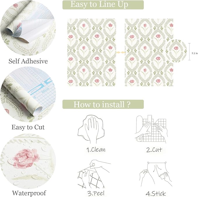 Orainege Peel and Stick Wallpaper Floral Wallpaper 16.9in x118.1in | Green Pink Leaf Contact Paper Vinyl Waterproof Self Adhesive Boho Botanical Wall Paper for Bedroom Shelf Cabinet Decor - Image 5