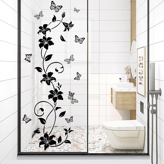 SHUCHING Black Flower Vine Butterfly Wall Decals for Bathroom | Simplicity Floral Wall Sticker, Shower Door Decals for Glass, Wall Decor Art for Bedroom Office by SHUCHING