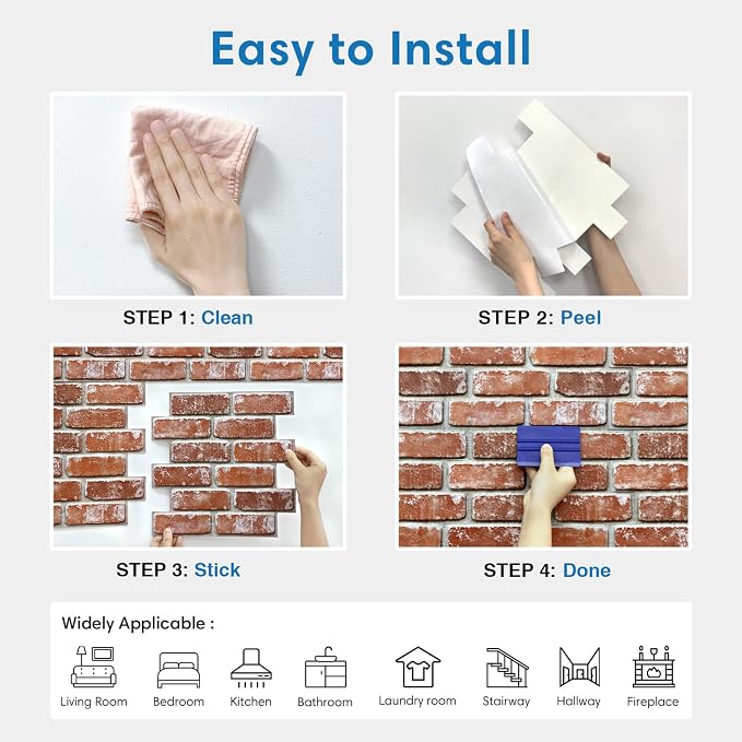 COMSTICKC 3D Faux Brick Wall Panels Peel and Stick | 10 Pcs of 12"X12", Small Size Thin PVC Fake Brick Wall Covering, Not Real Brick, Orange Red, for Quick DIY Wall Upgrades - Image 9