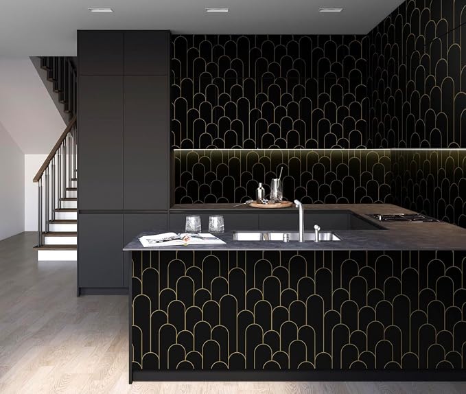 Yasinet Peel and Stick Wallpaper Black and Gold Wallpaper Modern Geometric Contact Paper for Bedroom Black Removable Self Adhesive Waterproof Wall Paper for Bathroom cabinets Vinyl 17.3”x393.7” - Image 4