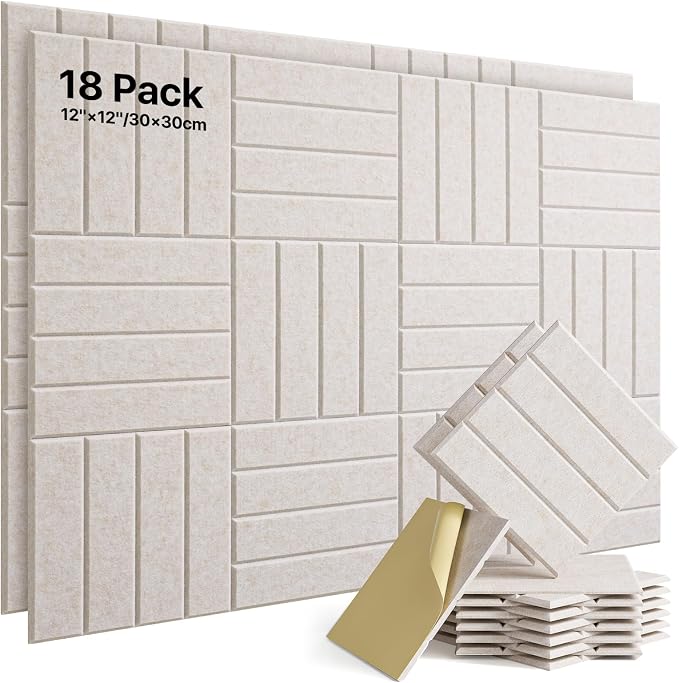 Soundsbay Sound Proof Foam Panels for Walls Self-Adhesive, 18-Pack 12"X12" | Cover 17.4 sq.ft, 150kg/m³ High-Density Polyester, Soundproof Wall Panels for Recording Studio, Home Theater, Office Beige by Soundsbay