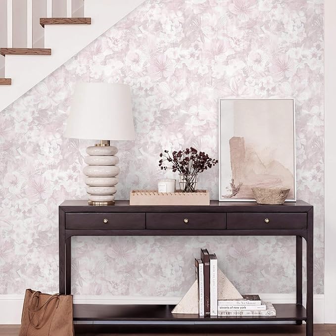 Heroad Pink Peel and Stick Wallpaper Floral Contact Paper Vintage Wall Paper Self-Adhesive Removable Wallpaper for Cabinets Drawers Bedroom Mural Wall Decor Vinyl Roll 17.3''x78.7'' - Image 5