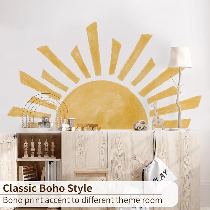 Large Watercolor Boho Sunshine Wall Decal for Kids Playroom | 47.28" x 26.40" Calming Half Sun Wall Sticker, Peel and Stick Sun Rise Wall Mural for Toddler Room and Classroom - Image 3