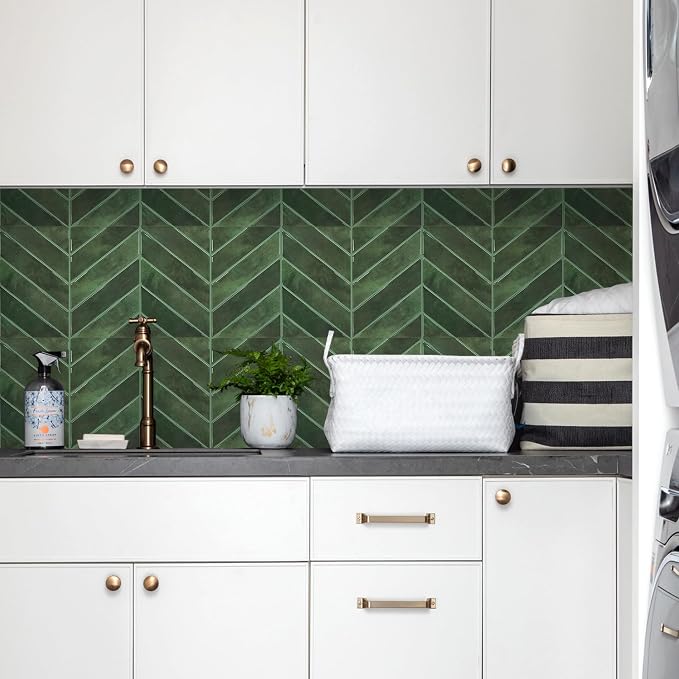 STICKGOO Herringbone Peel and Stick Backsplash, Green, 10 Sheets | 12.6 x 9.7 in, Thicker Rectangular Vinyl Stick-On Wall Tiles, Easy Alignment, Waterproof, Easy to Clean, Kitchen/Bathroom - Image 9