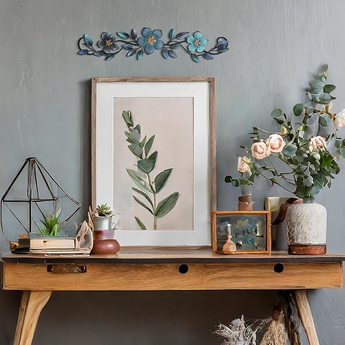 Wesiti Metal Flower Wall Decor Wrought Iron Scroll 15.7x3.7,Blue | Vintage Metal Flower decor,Farmhouse Leaf Art with Nails, Flat Not 3D Design, For Bedroom Kitchen Indoor Outdoor Wall Decor - Image 4