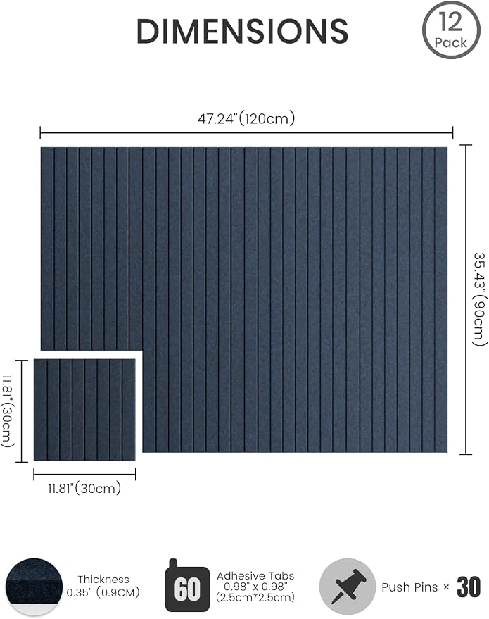 Bumusty 48"x 36" Large Felt Bulletin Board Tiles, Carbon Blue | 12-Pack Cork Board Alternative, Wall Decor, 30 Pushpins, 60 Adhesive Tabs, Vision Board, Office, Classroom, Home, Dorm - Image 2