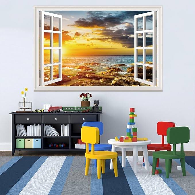 Fake Window Wall Sticker- Sunset Beach Seascape Open Wall Art Decal | Faux Window Ocean Natural Scenery Landscape Mural｜Stick and Peel Wall Decals｜Room Bedroom Office Scene Picture Decor｜24"x16" - Image 8