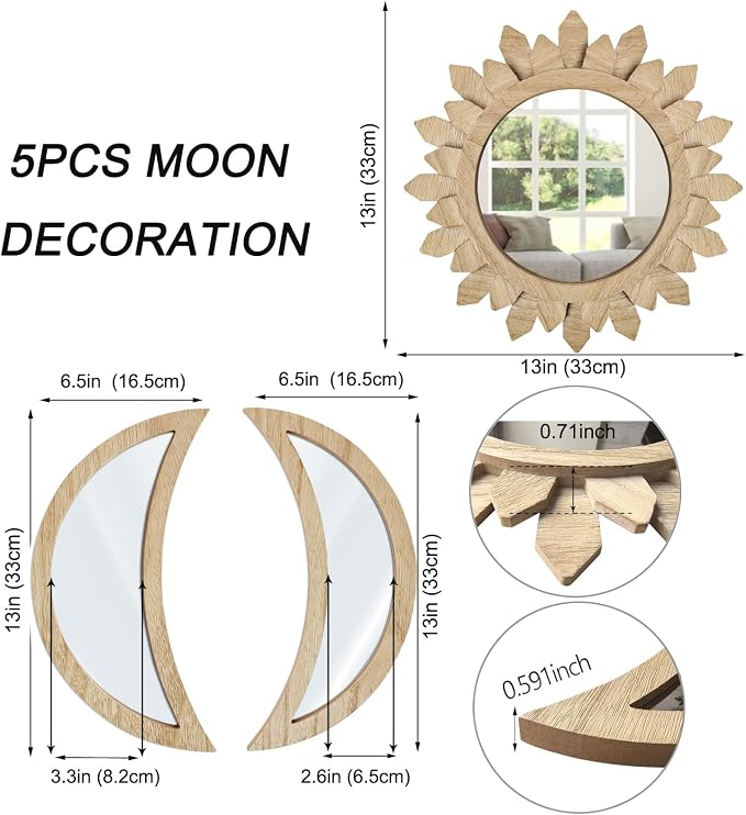 5 Pieces Moon Phase Mirror Wall-Mounted Wall Decor Mirrors Natural Wooden Sunburst Bohemian Wall Art for Home Living Room Bedroom Decoration (Natural) - Image 3