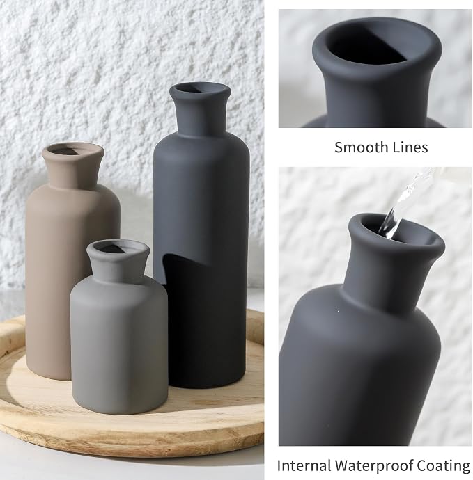 Ceramic Vase Set of 3, Neutral Vases Home Decor Rustic Farmhouse Decor Vase Terra Cotta Pottery Vases for Bouquet Pampas Grass Dried Fresh Flowers Living Room Kitchen Bedroom Bathroom - Multicolor - Image 5