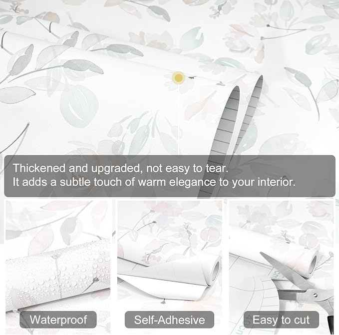 Blush Pink Watercolor Floral Peel and Stick Wallpaper, 17.3" x 118" Removable & Waterproof Vinyl Wallpaper, Soft Pastel Flower Self-Adhesive Contact Paper for Nursery Bedroom Cabinets - Image 3