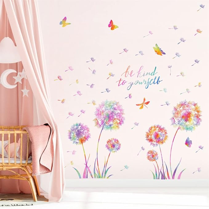 Large Dandelion Wall Decals Colorful Flower Art Stickers Peel and Sticks | wall stickers, floral dragonfly butterfly decor, removable vinyl, inspirational quotes, for kids girl bedroom living room - Image 8