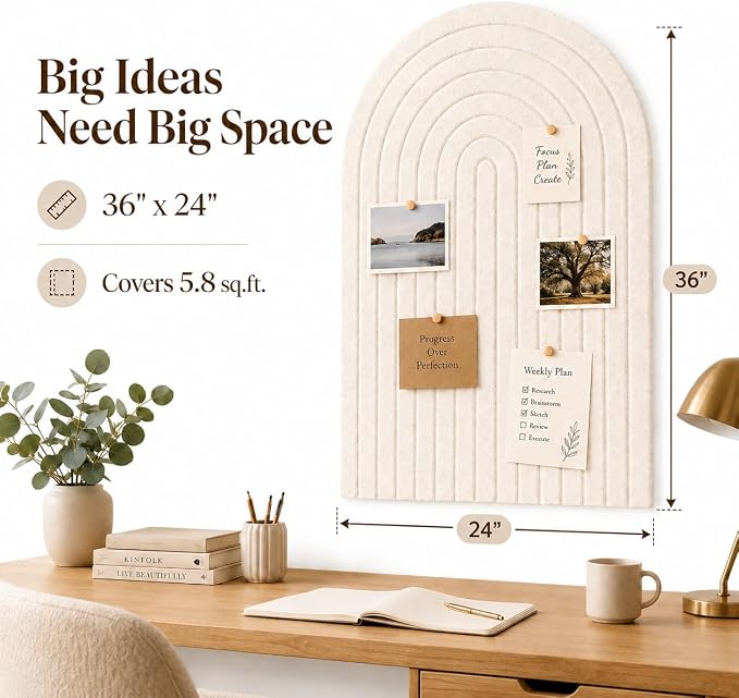 Large Arched Felt Bulletin Board, Sized 36" x 24" for Office & Wall Decor – 6 Customizable Adhesive Tiles with Pins are Perfect to Display Your Photos (Khaki-A) - Image 2