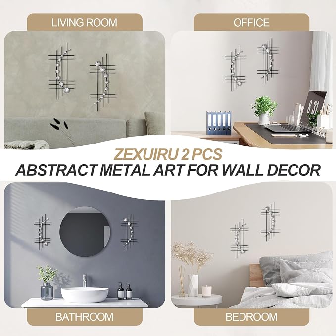 ZEXUIRU 2 Pcs Abstract Metal Art for Wall Decor Living Room Bedroom Bathroom Office Metal Bling Modern Geometric Hanging Vertical Small Iron Sculpture Plaque Pack -Black 15.7in - Image 6