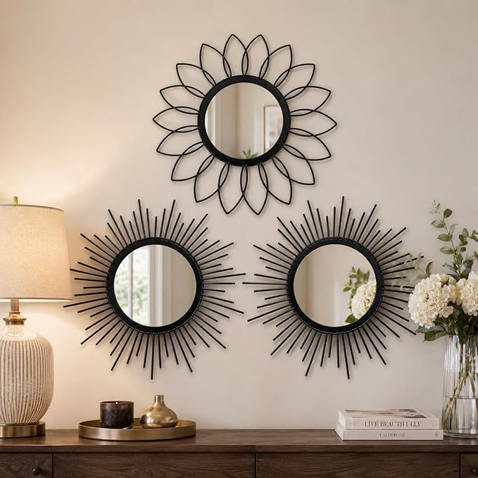 Black Sunburst Mirror 14x14 Inch, Decorative Wall Accent with Metal Frame, Small Sun Mirror for Living Room, Bedroom, Entryway, Hallway, Boho Modern Home Decor by HMANGE