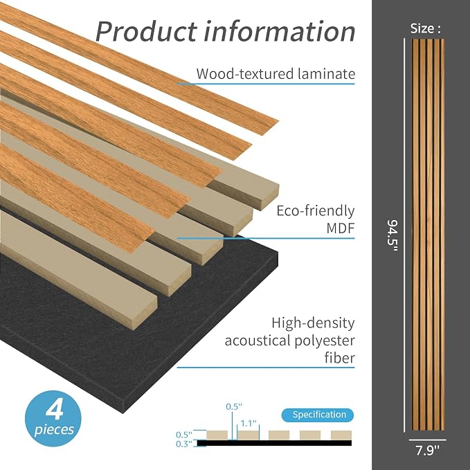 Art3d 4 Pieces 94.5" x 7.9" Acoustic Slat Wood Wall and Ceiling Panels,Fluted Modern Sound Absorbing Panels, Teak - Image 5