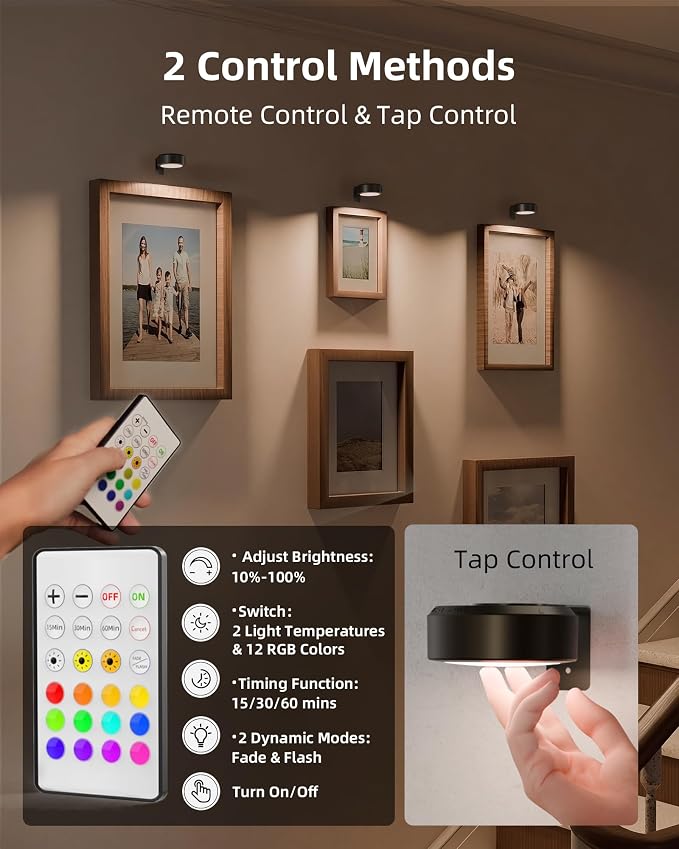 EZVALO Picture Lights for Wall, 2000mAh Rechargeable Battery Magnetic Poster Lights with 3 Color Temps & 12 RGB, Remote Dimmable Timer Painting Light, Wall Decor Light for Art Display, Frame (3 Pack) - Image 5